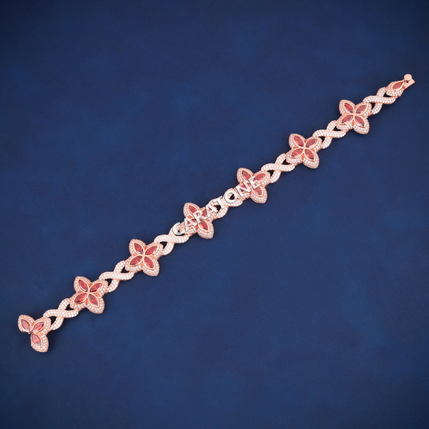 Rose Gold Clover Bracelet with Red Marquise Gemstone and Full Iced Look for Men in Hip Hop Luxury Style