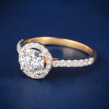 Halo Style Round Diamond Engagement Ring with Pavé Band in 14K Yellow Gold