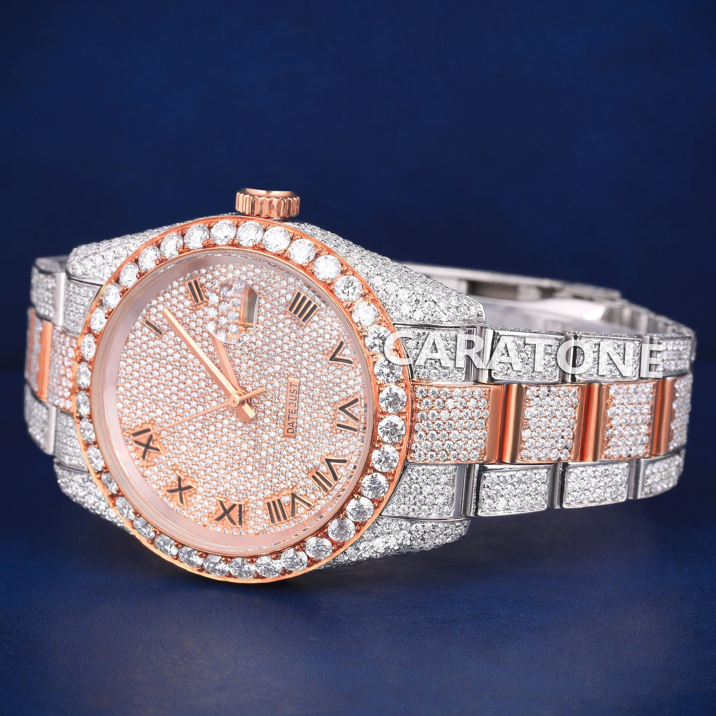 Fully Iced Out Mens Hip Hop Watches Two Tone Silver Rose Roman Numeral Dial Customized Watches