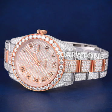 Fully Iced Out Mens Hip Hop Watches Two Tone Silver Rose Roman Numeral Dial Customized Watches