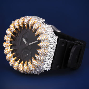 Custom Iced Out Black Analog Digital Spiked Bezel Fully Yellow Diamond Watches