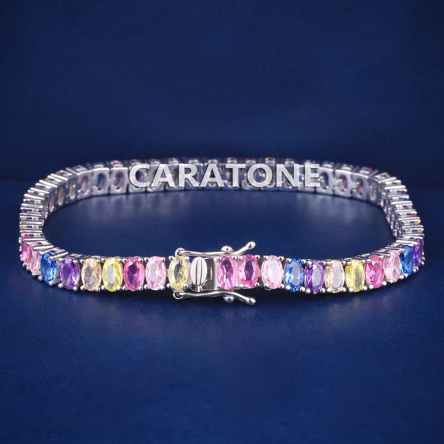 Luxury Custom Multicolor Oval Cut Diamond Tennis Bracelets for Women Fully Iced Out Silver Rainbow Multi Sapphire Tennis Bracelet