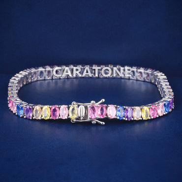 Luxury Custom Multicolor Oval Cut Diamond Tennis Bracelets for Women Fully Iced Out Silver Rainbow Multi Sapphire Tennis Bracelet