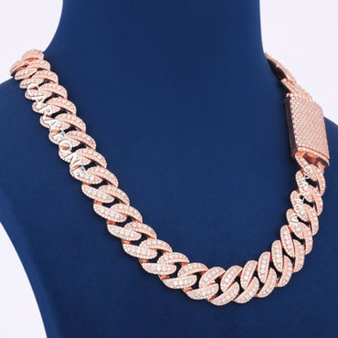 20 inch 18mm Fully Iced Out Rose Gold Miami Cuban Link Chain Necklace Mens