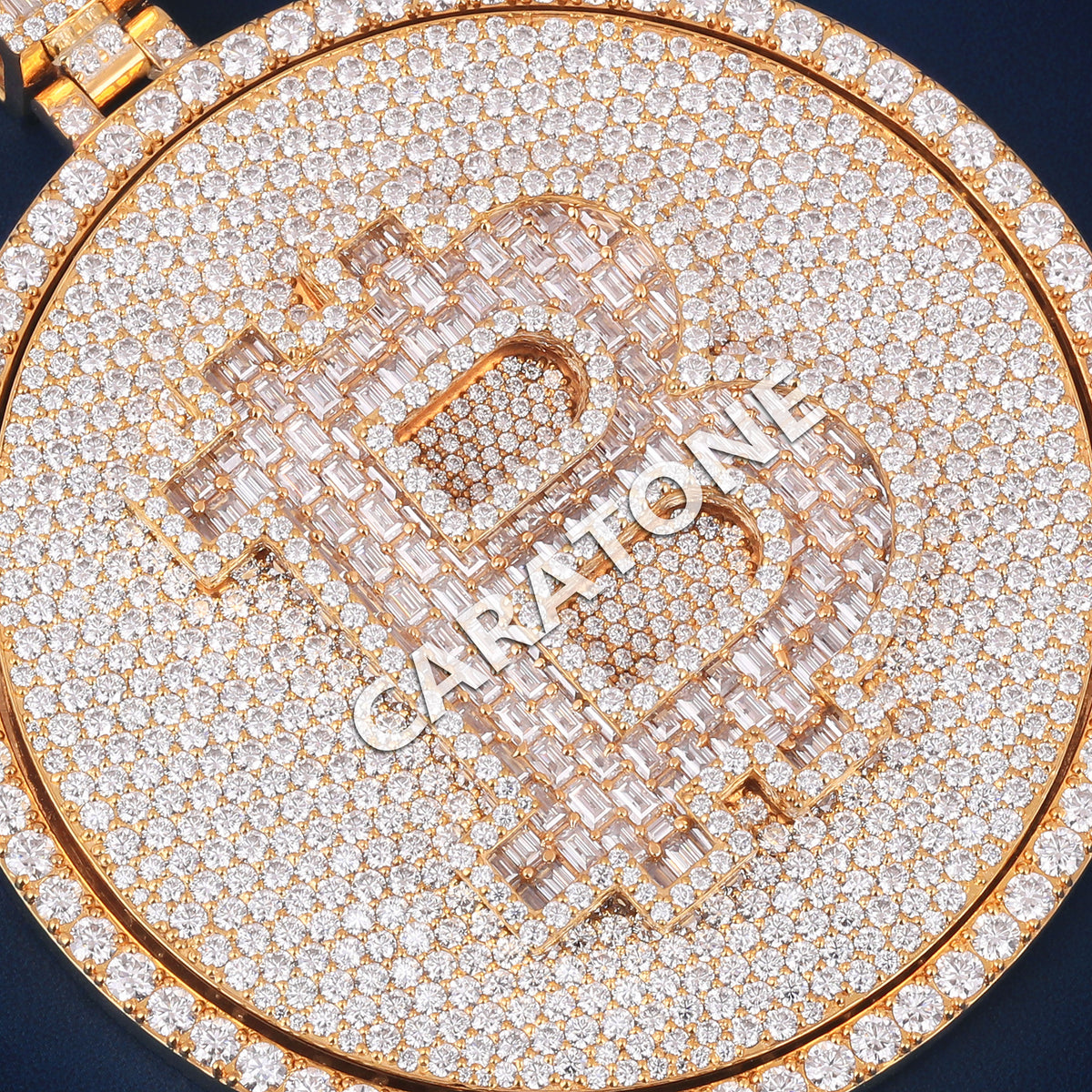Custom Iced Out Bitcoin Coin Hip Hop Pendant in Yellow Gold with Lab Grown Diamonds