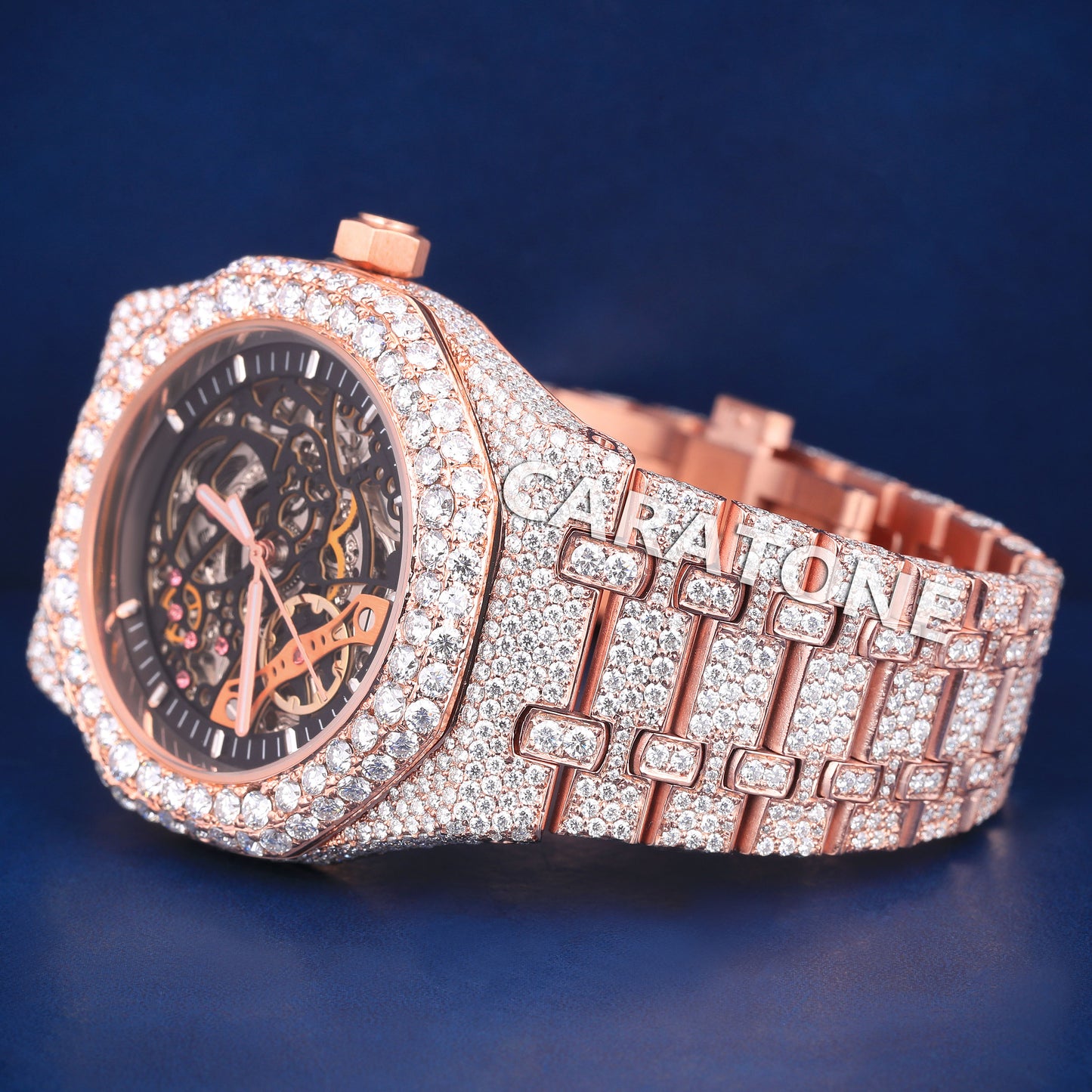 Full iced out without dial hip hop branded watch in rose gold tone with D VVS clarity