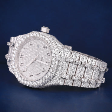 Full iced out hip hop branded watch in white tone with black arabic numerals and diamond tester passed