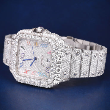 Hip hop full iced out branded watch in white tone with D VVS clarity and colourful roman numerals