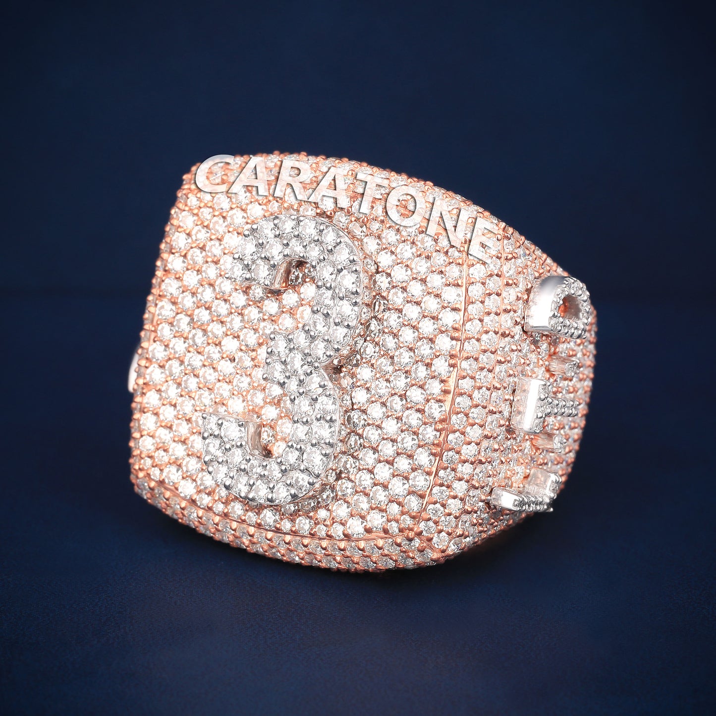 Fully Iced Out Chunky Square Diamond Ring in Rose & White Gold Drip