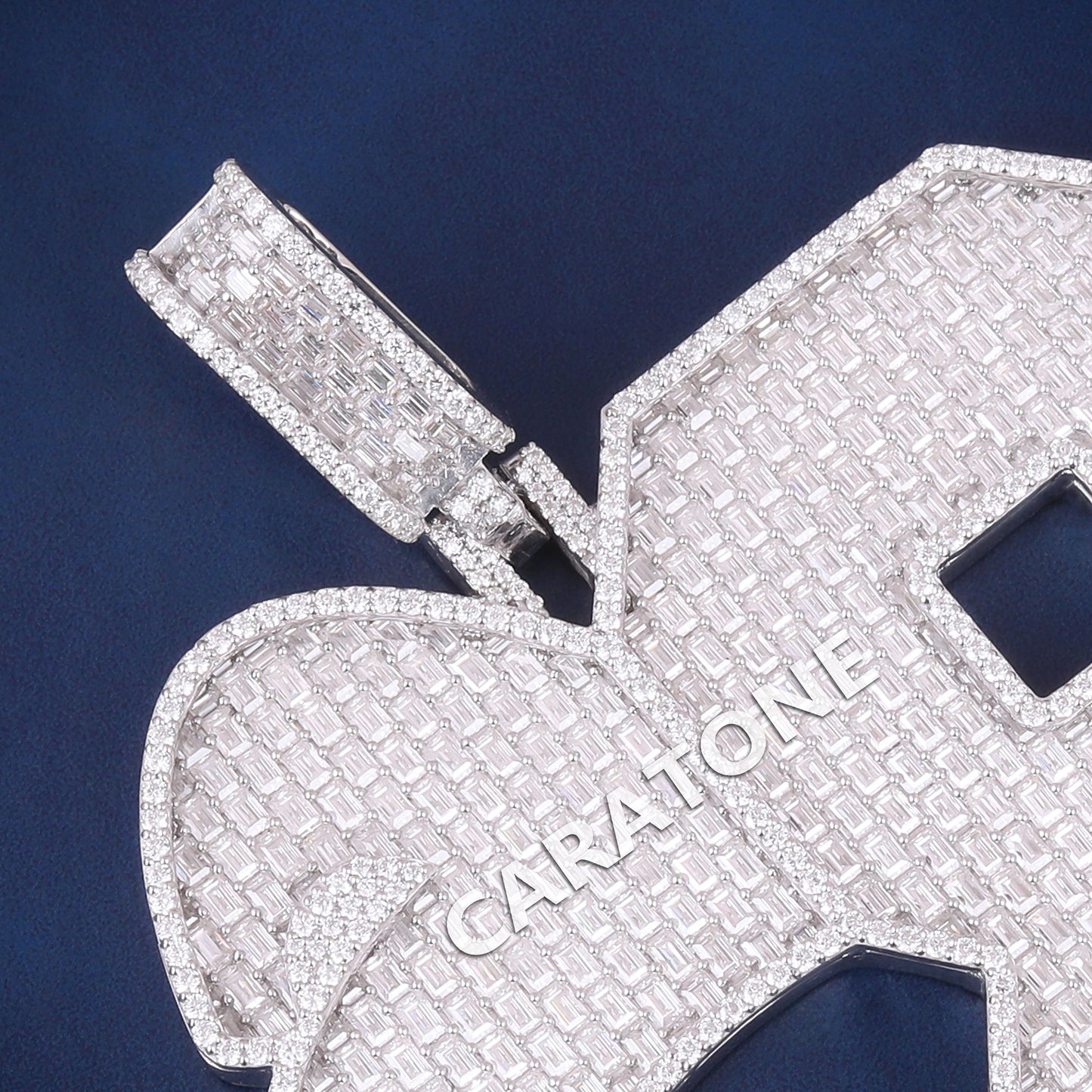 Customized Big Sterling Silver Pendants Necklace with 3 initial Letter with Wing Round & Baguette Diamond Silver Rappers Pendant Necklaces