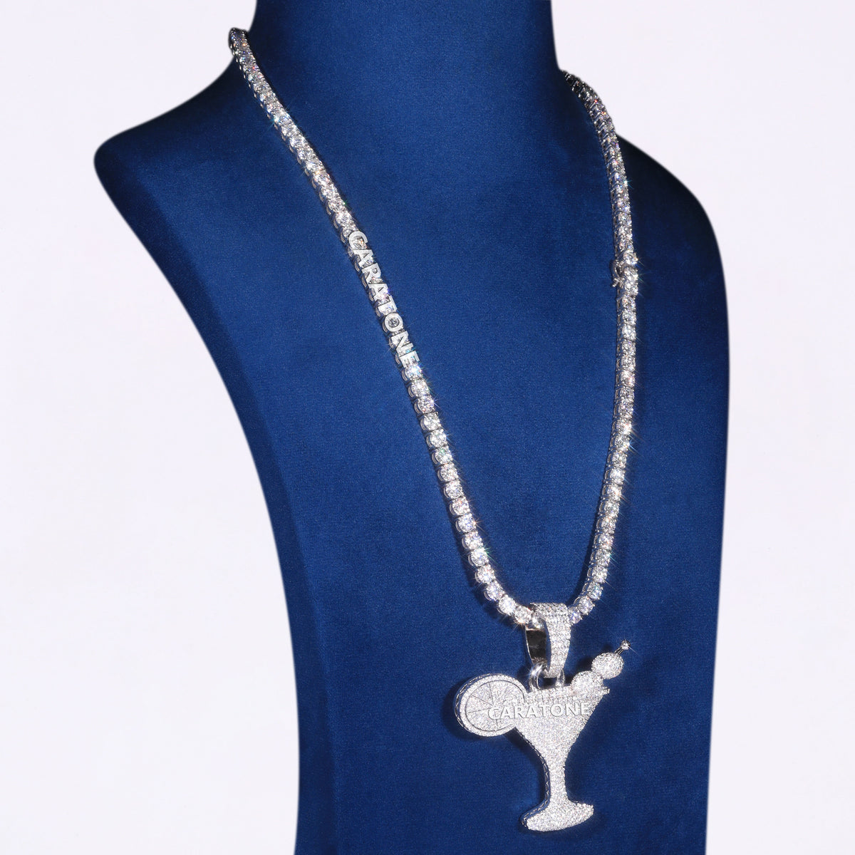 Luxury Diamond Tennis Chain with Cocktail Glass Pendant in White Gold, Iced Out Hip Hop Jewelry, Unique Designer Necklace for Men