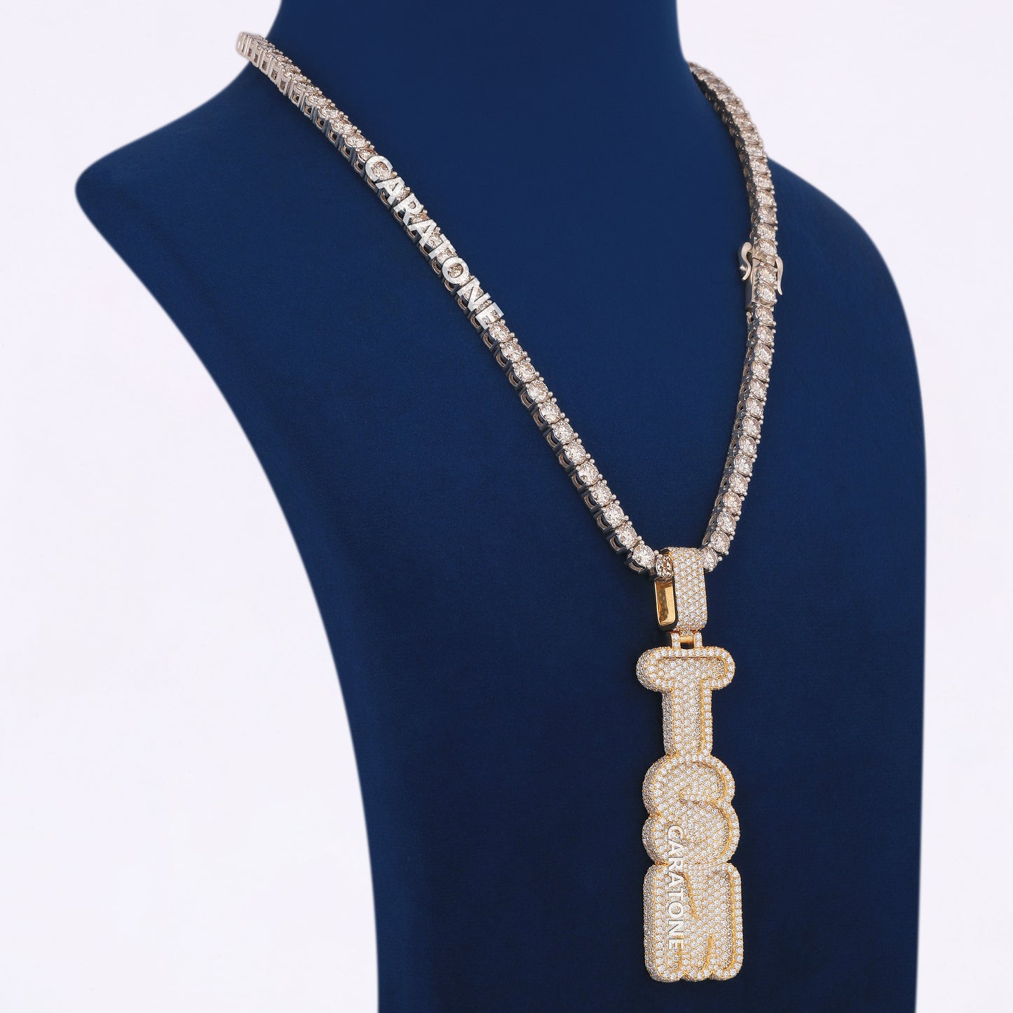 Tennis Necklace With Full Iced Letter Pendant in 14KT Gold With Lab Diamond