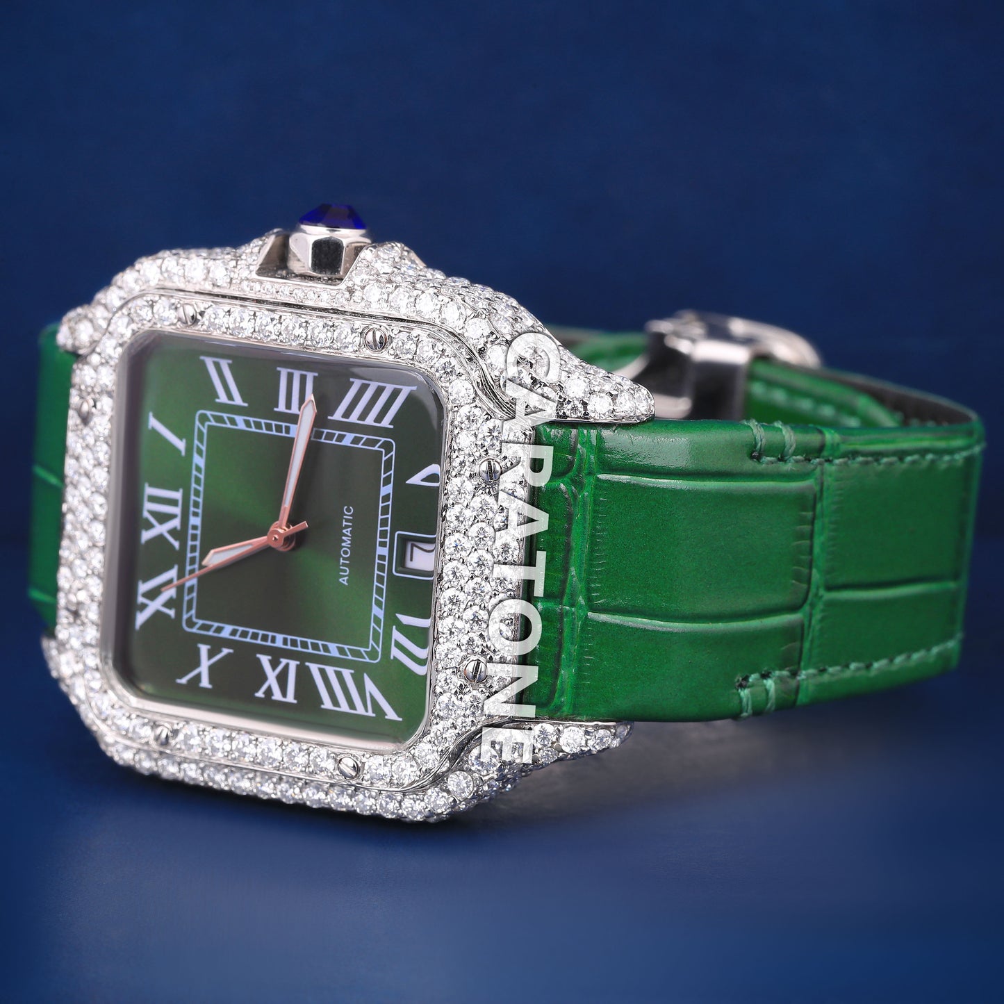 Luxury Mens Watches Rappers Iced Out Watch on Wrist Green Leather Strap Green Dial Watches for Mens in Fully Customized