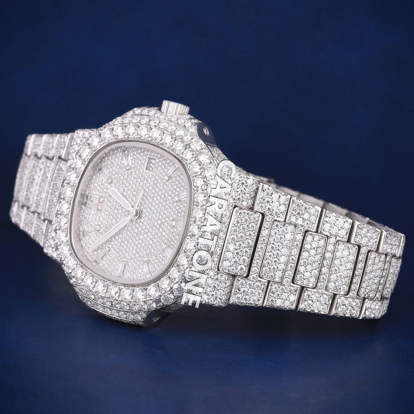 Full iced out hip hop custom made branded watch in white tone with D VVS clarity