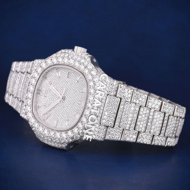 Full iced out hip hop custom made branded watch in white tone with D VVS clarity
