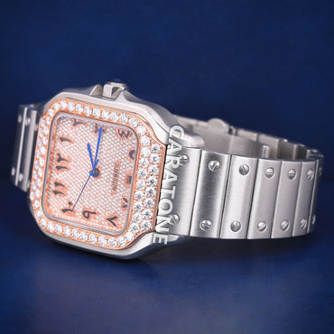 Half iced out hip hop branded watch with black arabic numerals in it with diamond tester passed
