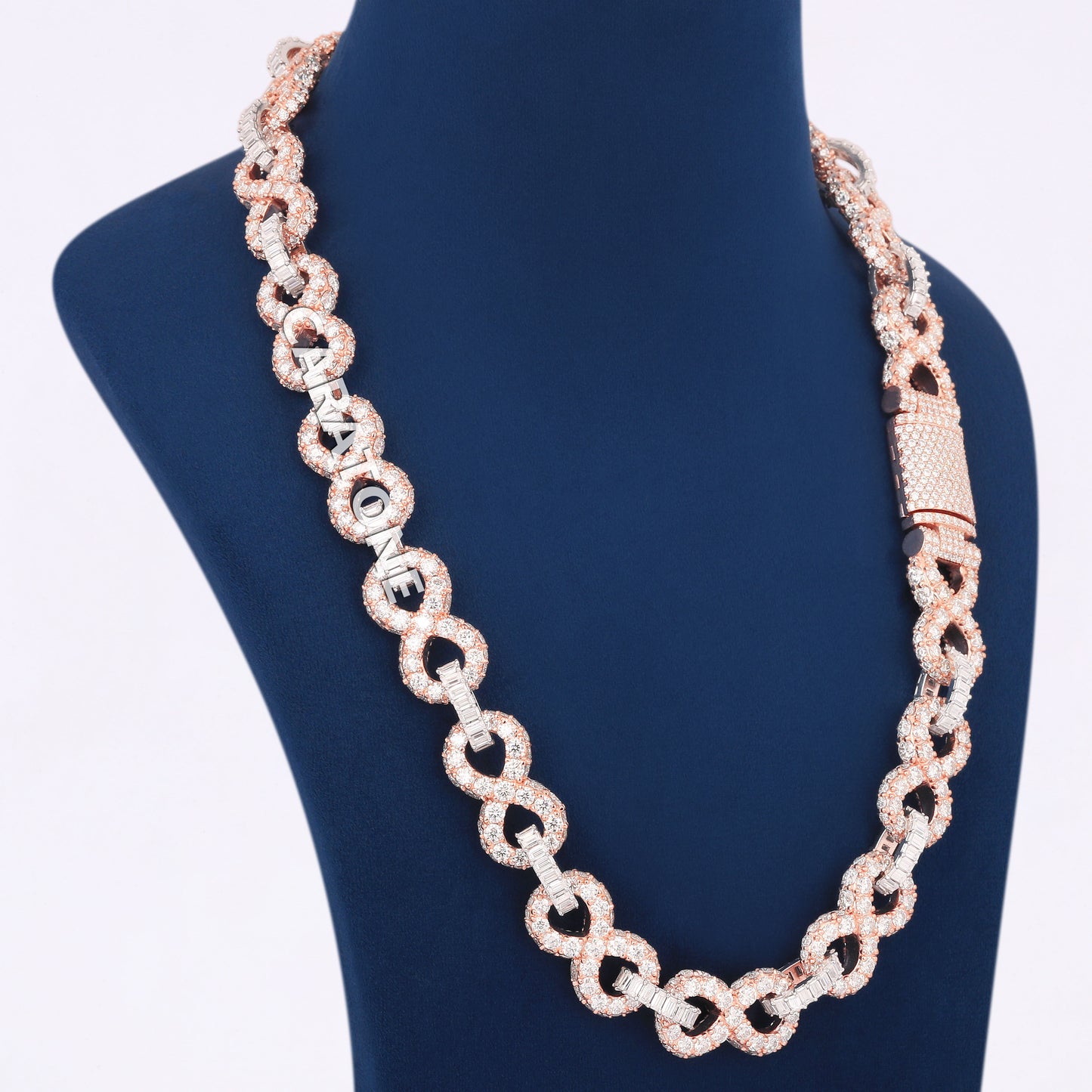 Two Tone Iced Out Designer Infinity Link Chain in Rose Gold and White Finish for Men