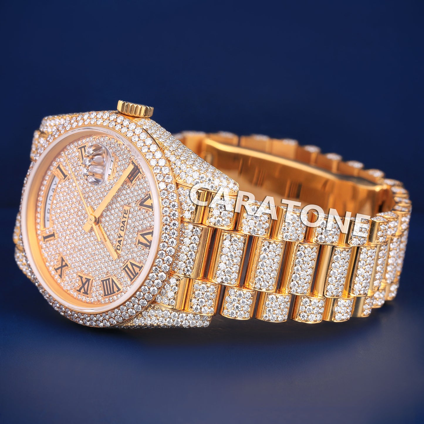 41mm Yellow Roman Dial Day Date Fully Iced Out Presidential Watch in Custom VVS Diamond Watch Richest Rapper Watches with Real Diamonds