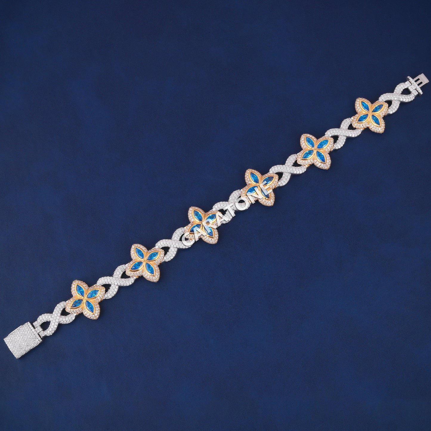 Two Tone Silver & Yellow Gold Fully Customized Rappers Party Wear Four Leaf Blue Diamond Gold Clover Bracelets Mens Womens