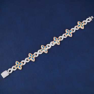 Two Tone Silver & Yellow Gold Fully Customized Rappers Party Wear Four Leaf Blue Diamond Gold Clover Bracelets Mens Womens