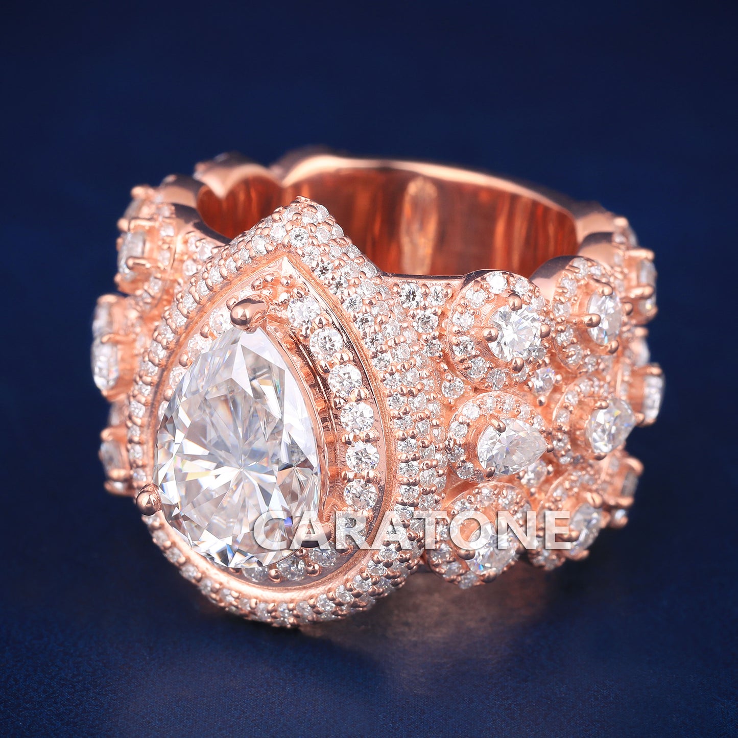 Mens Custom Unique Designer Diamond Rings in Rose Gold Double Halo Pear Big Diamond Custom Wedding Rings for Mens