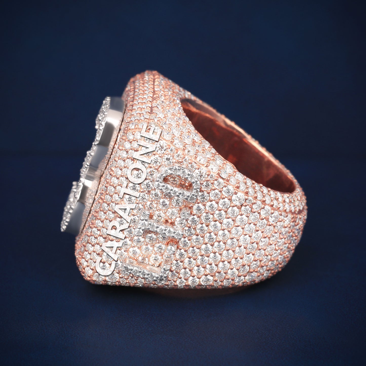 Fully Iced Out Chunky Square Diamond Ring in Rose & White Gold Drip