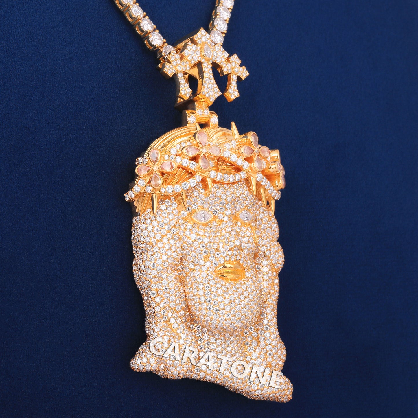 Jesus Custom Piece With 4 MM Tennis Neckalce In 14kt Gold With Lab Diamond