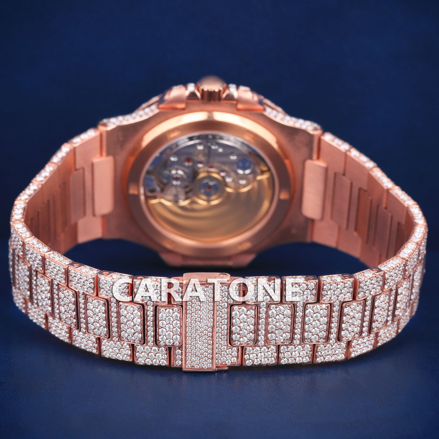 Full iced out hip hop branded watch in rose gold tone with diamond tester passed