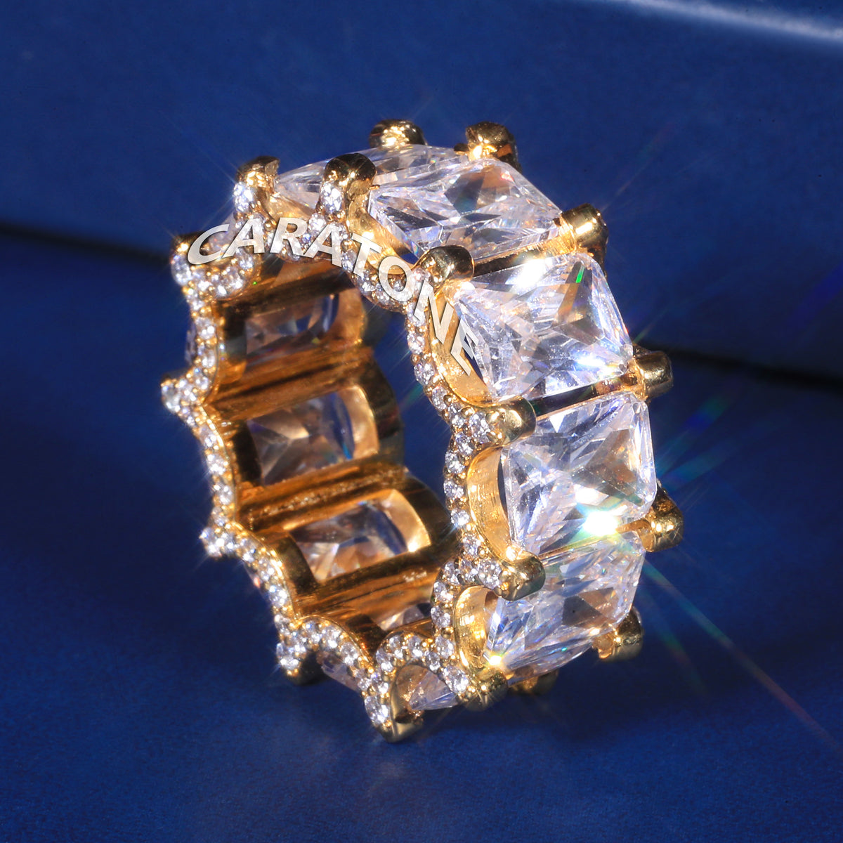 Luxury Yellow Gold Plated Princess Cut Lab Grown Diamond Eternity Band Ring