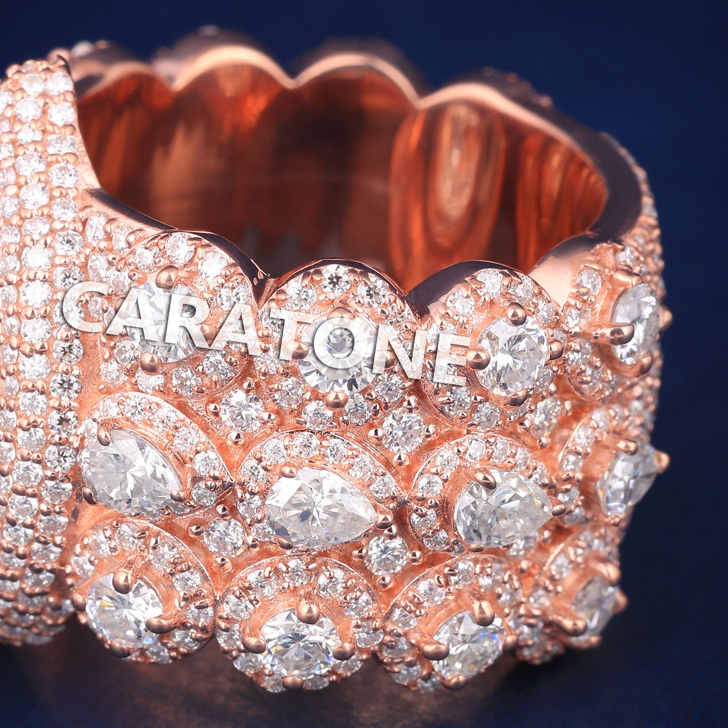 Mens Custom Unique Designer Diamond Rings in Rose Gold Double Halo Pear Big Diamond Custom Wedding Rings for Mens