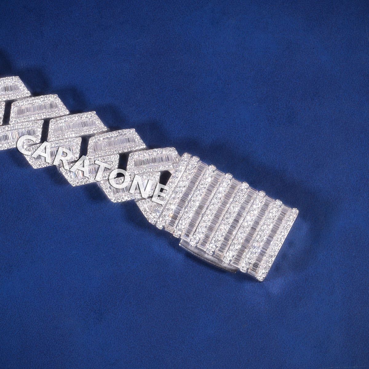 Elegant Iced Out Diamond Link Bracelet in White Gold, Premium Baguette and Pave Stone Setting, Unique Hip Hop Luxury Jewelry for Men