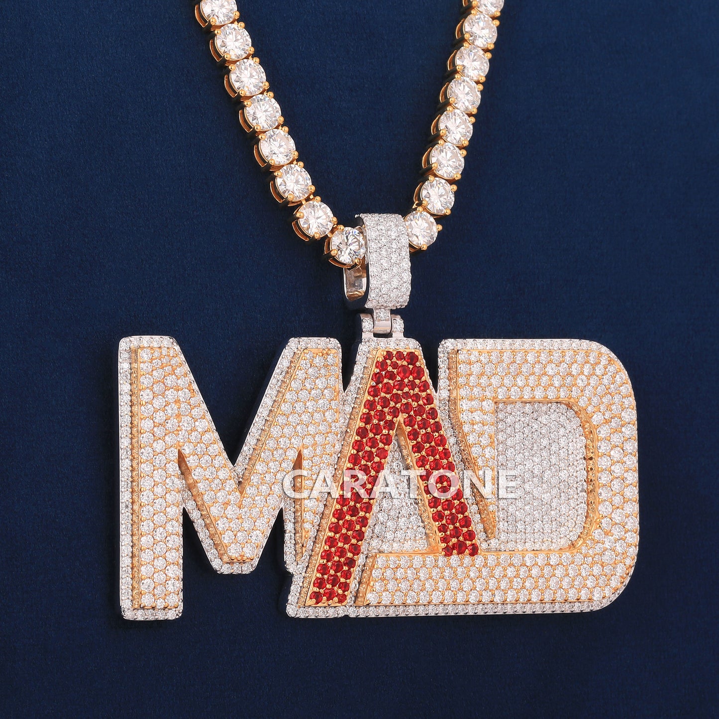 Unique Two Tone Full Iced Pendant With Lab Diamond Tennis Necklace