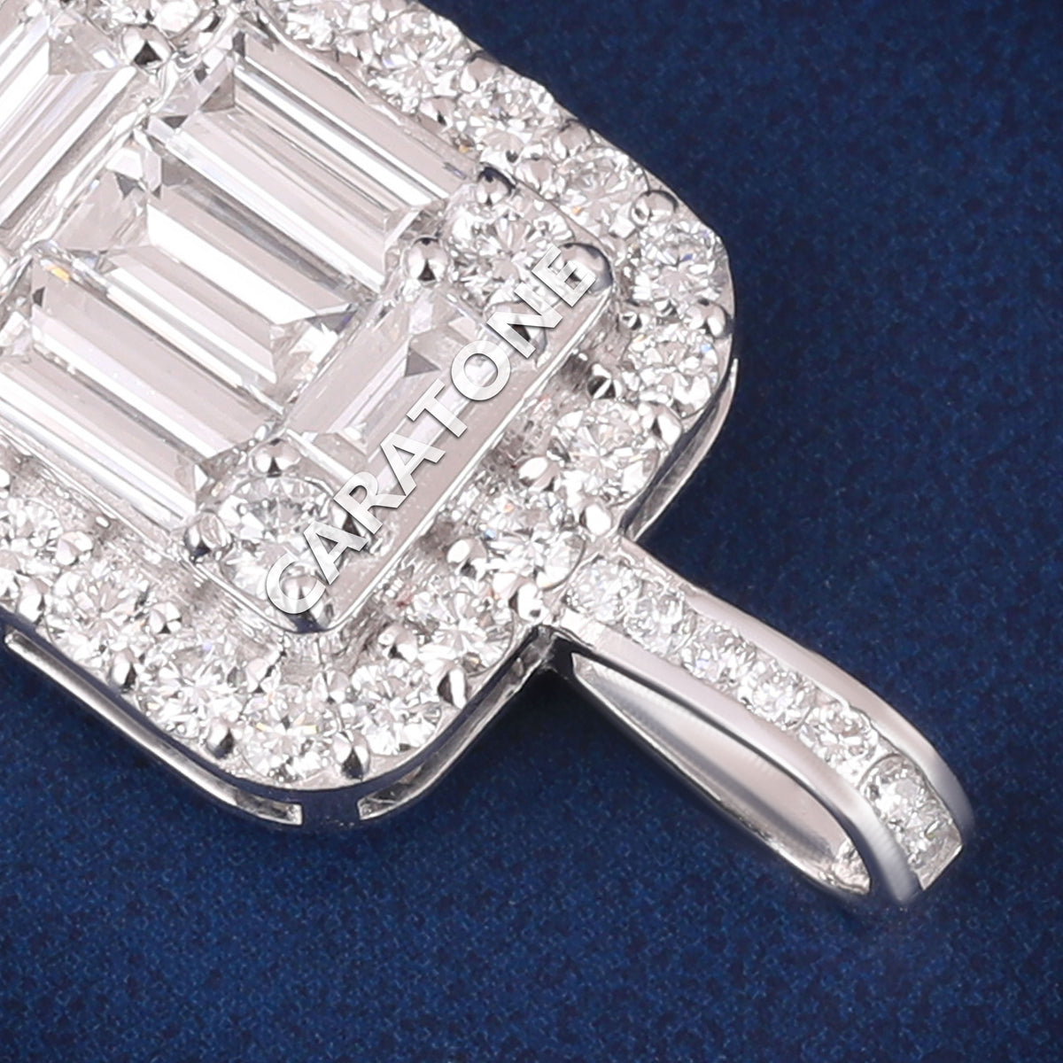 Custom Iced Out Rectangular Baguette Diamond Pendant with Round Diamond Halo
