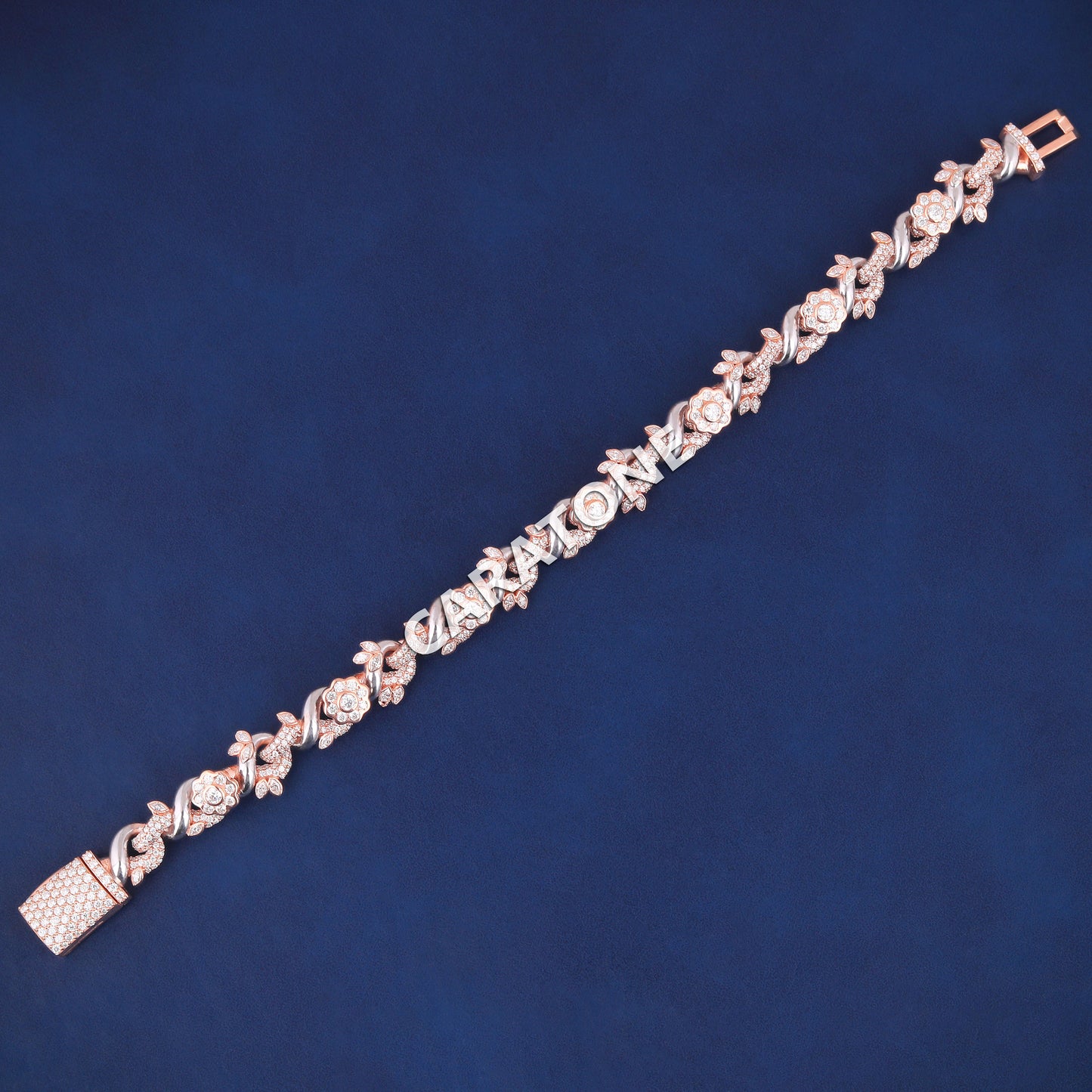 7.8 Inch Custom Fully Rose Gold Plated Iced Out Sterling Silver Flower Infinity Link Bracelets with Lab Diamond Unique Designer Bracelets for Mens