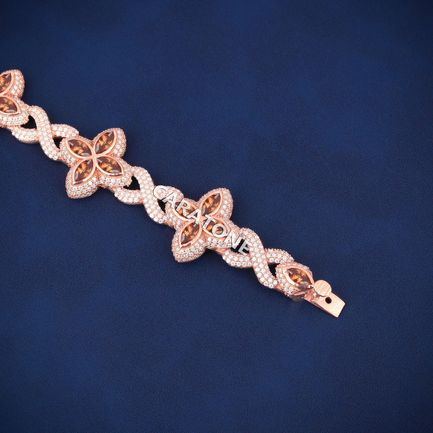 8.5 Inch 9mm Rose Gold Diamond Clover Bracelet Fully Iced Out Lucky Charm and Exclusive Hip Hop Style