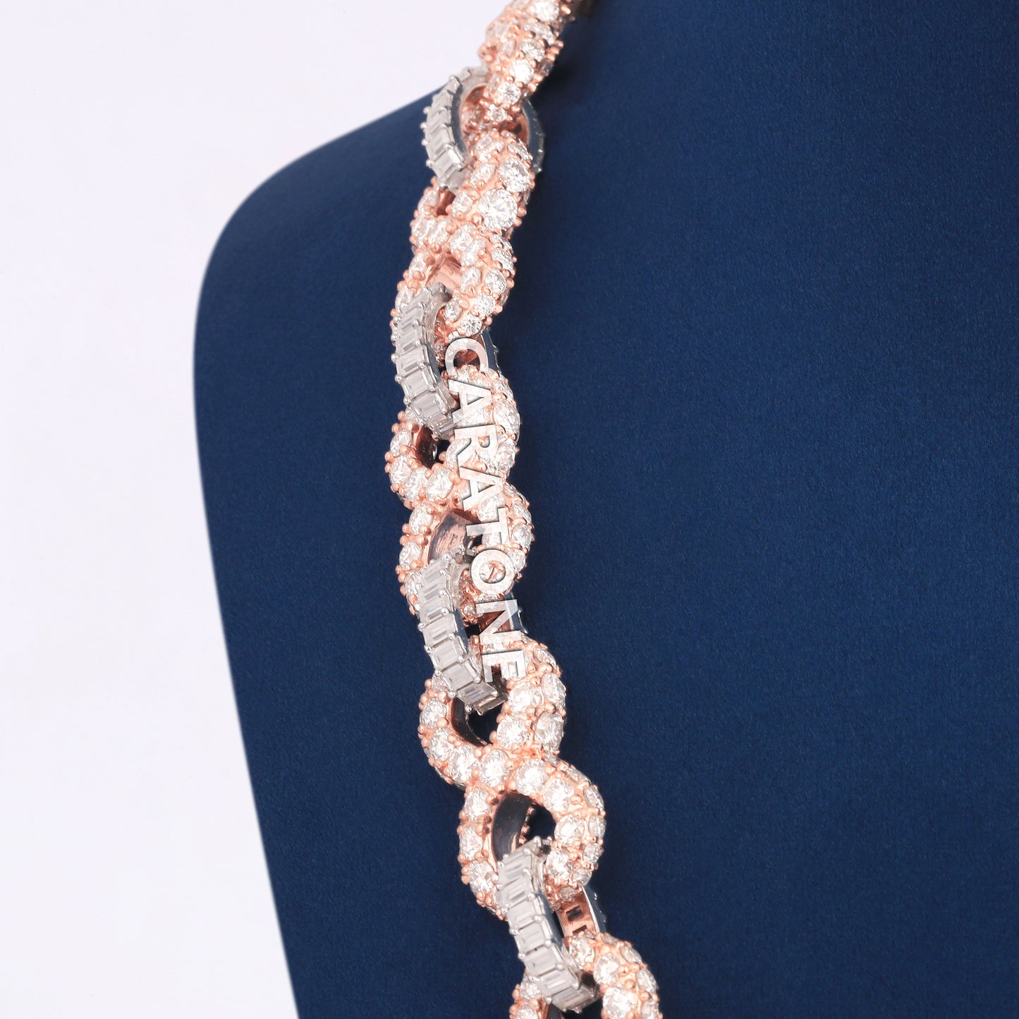 Two Tone Iced Out Designer Infinity Link Chain in Rose Gold and White Finish for Men