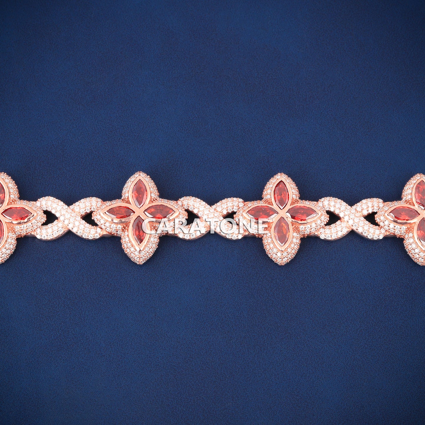 Rose Gold Clover Bracelet with Red Marquise Gemstone and Full Iced Look for Men in Hip Hop Luxury Style