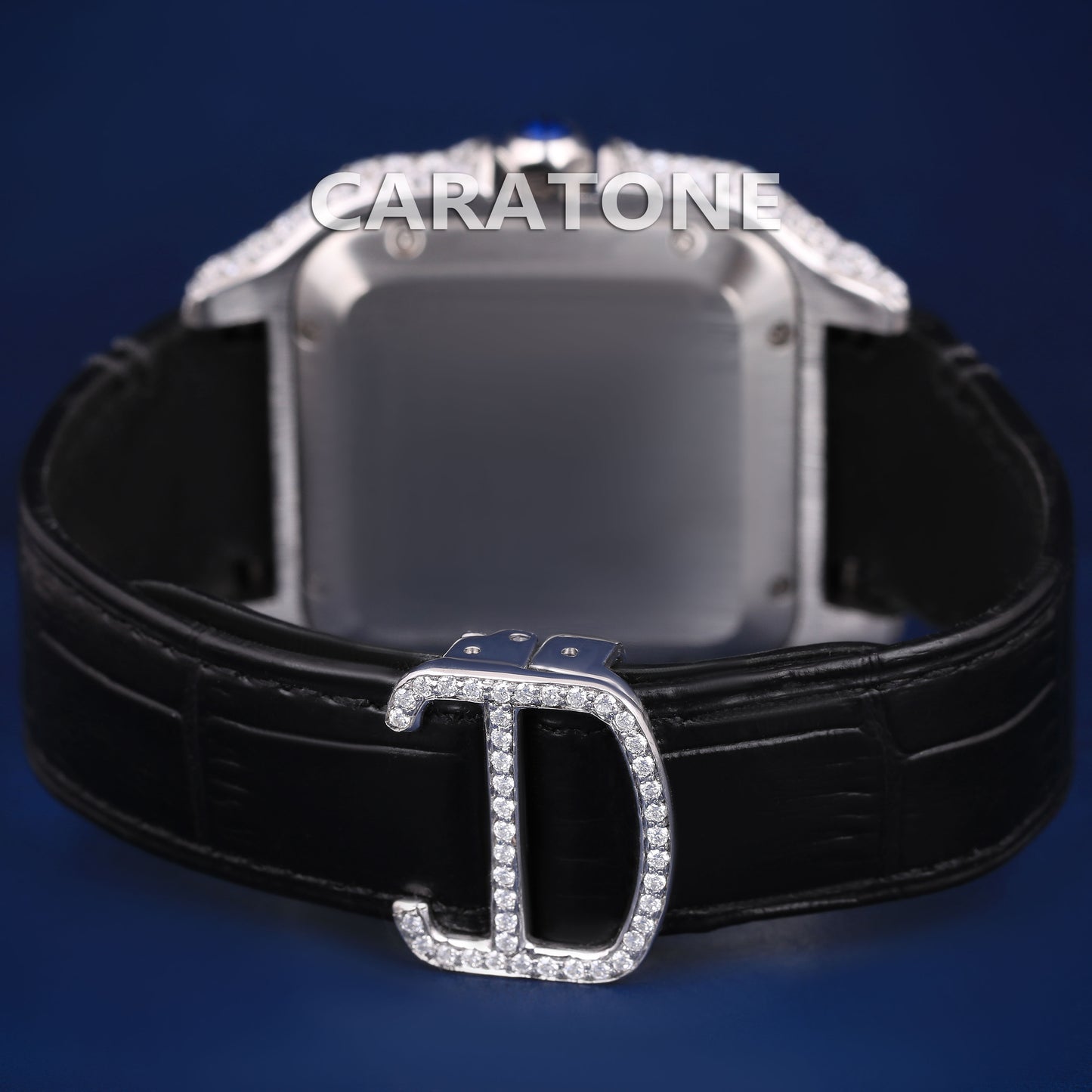 Mens Black Leather Belt Watch Fully Iced Out Silver Diamond Dial with Roman Numeral VVS Hiphop Watch