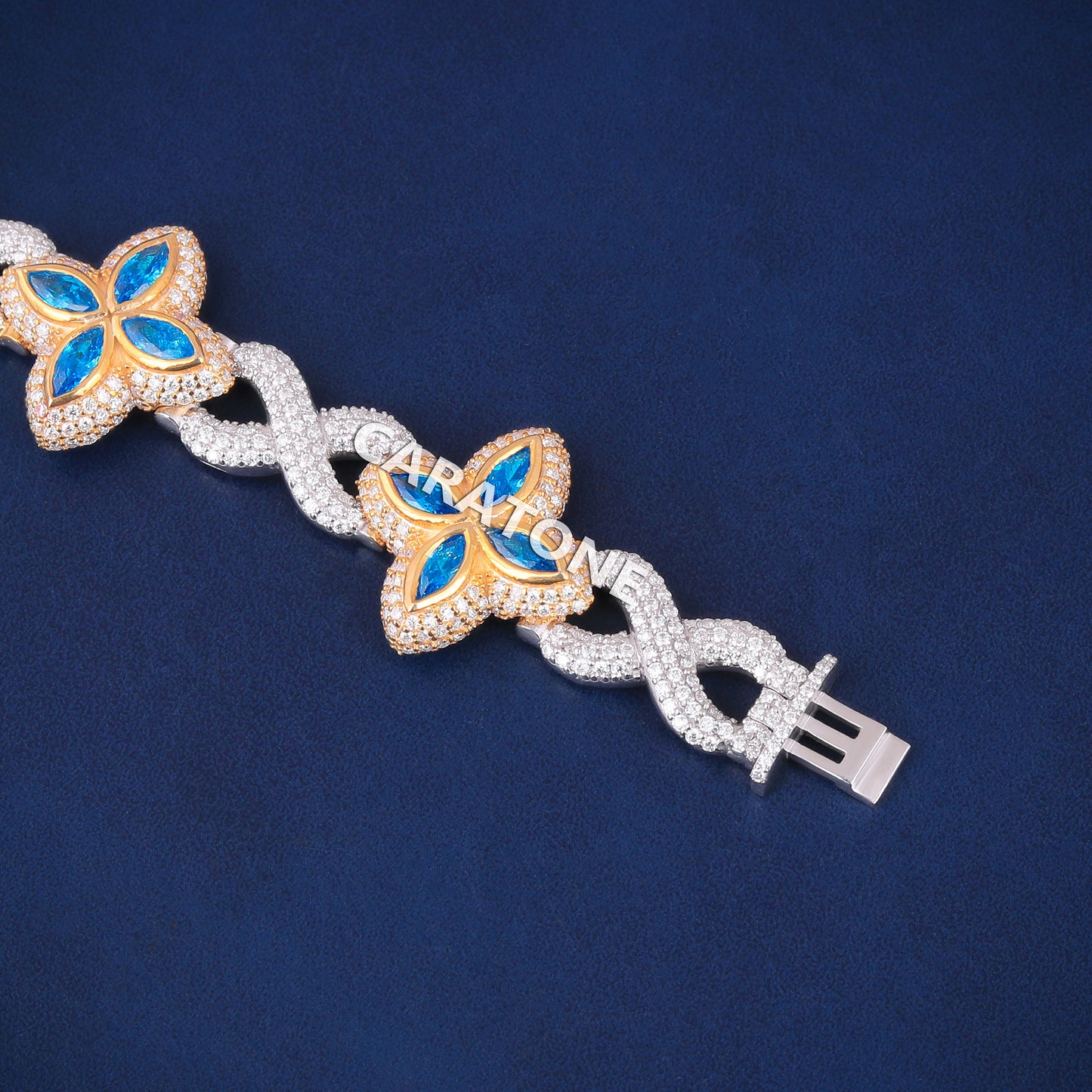 Two Tone Silver & Yellow Gold Fully Customized Rappers Party Wear Four Leaf Blue Diamond Gold Clover Bracelets Mens Womens