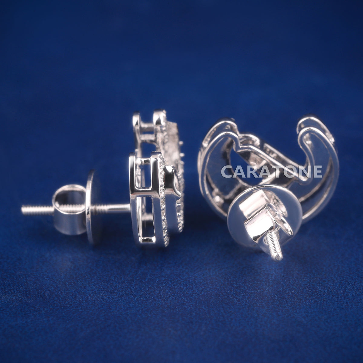 Custom Double-Layer Horseshoe Diamond Stud Earrings in White Gold Finish