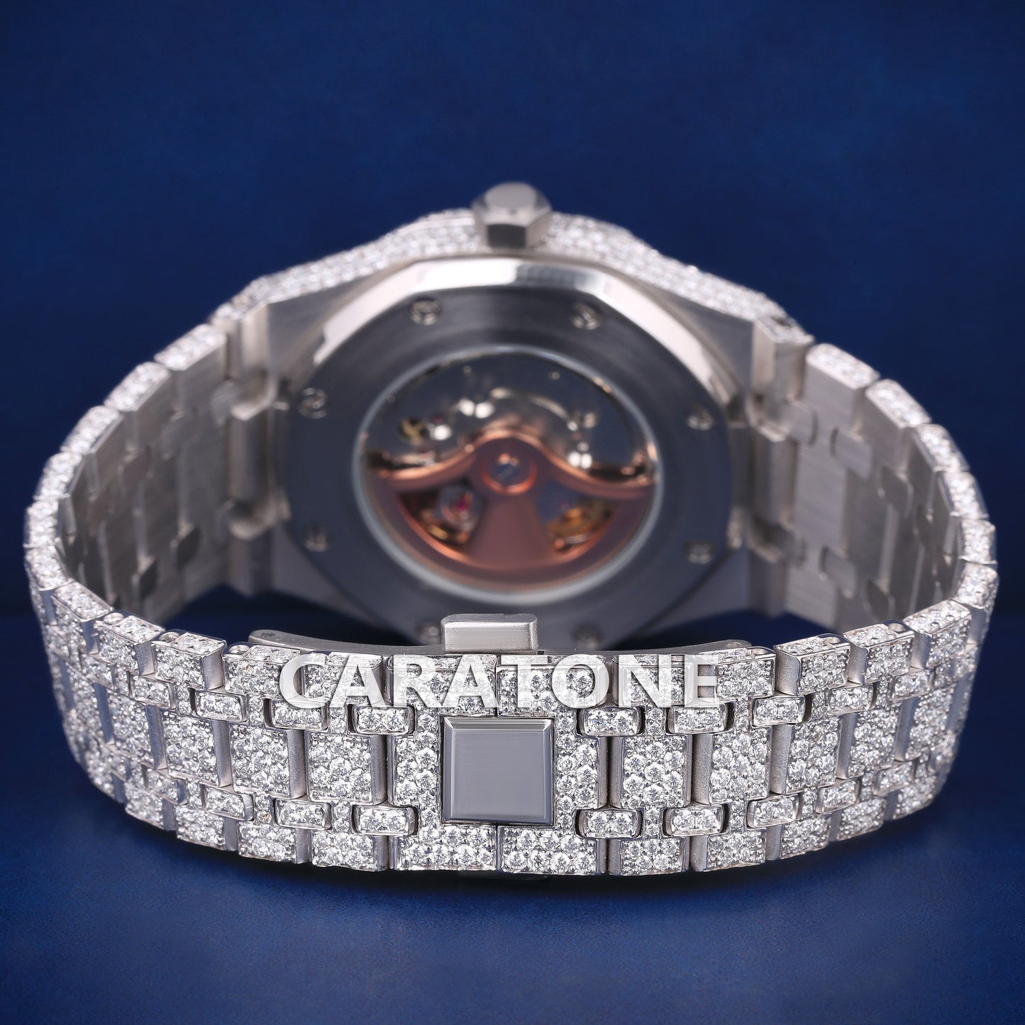 Full iced out hip hop branded watch in white tone with black arabic numerals in dial and diamond tester passed