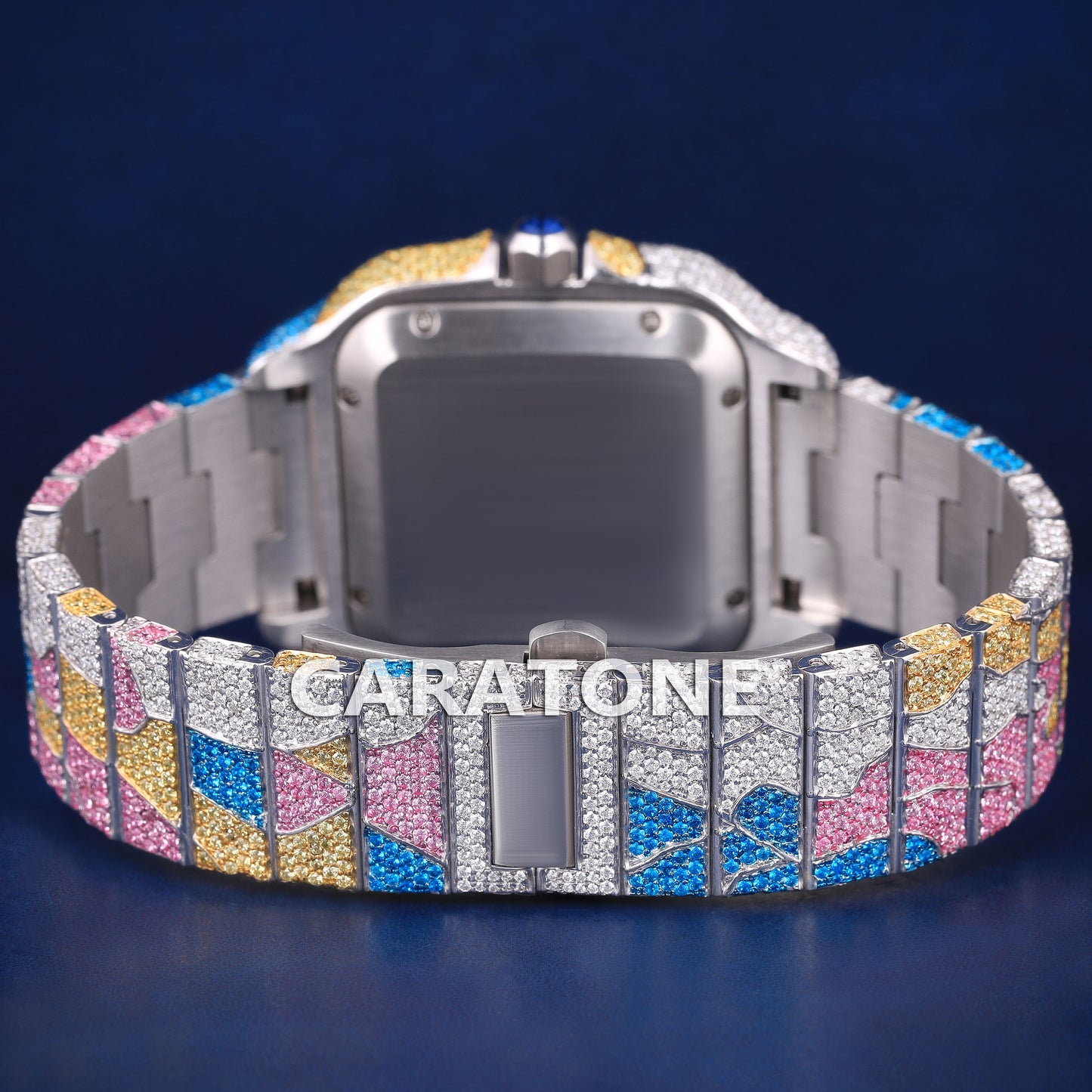 Colourful diamonds full iced out hip hop branded watch with black roman numerals in dial with D VVS clarity