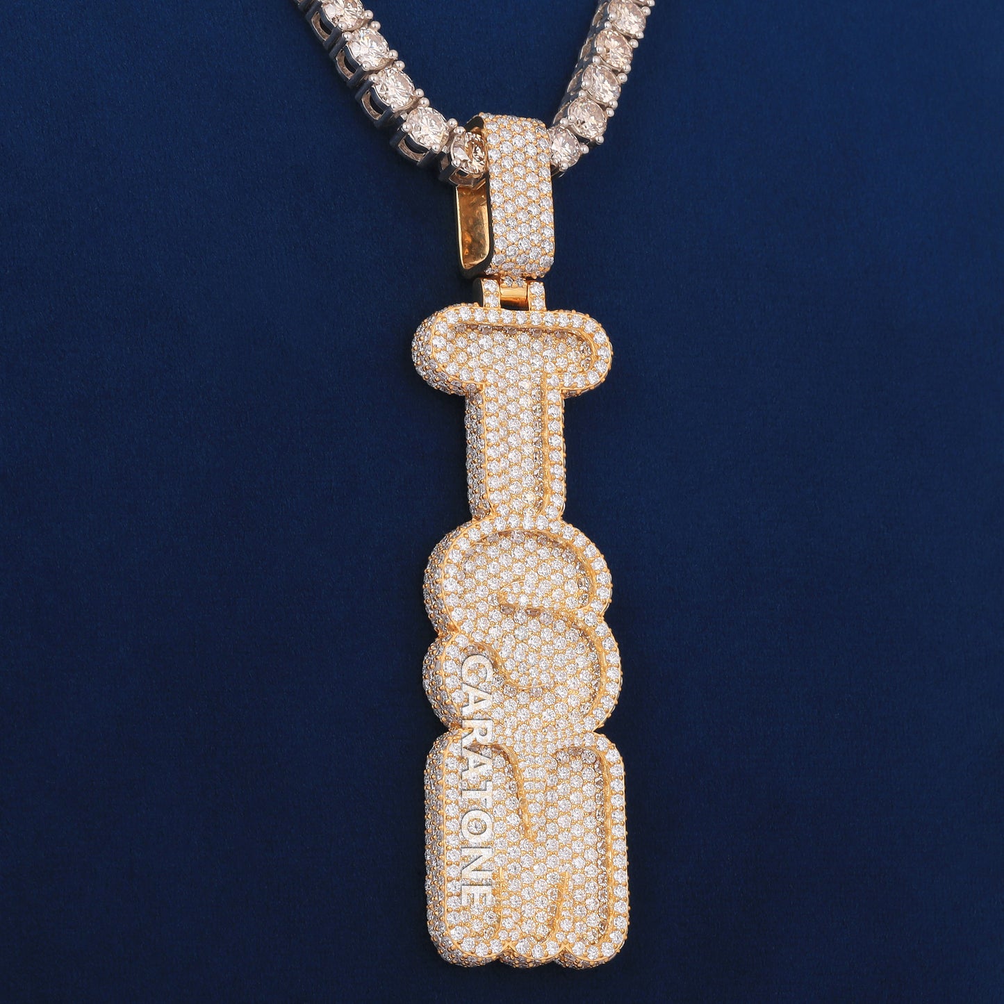 Tennis Necklace With Full Iced Letter Pendant in 14KT Gold With Lab Diamond