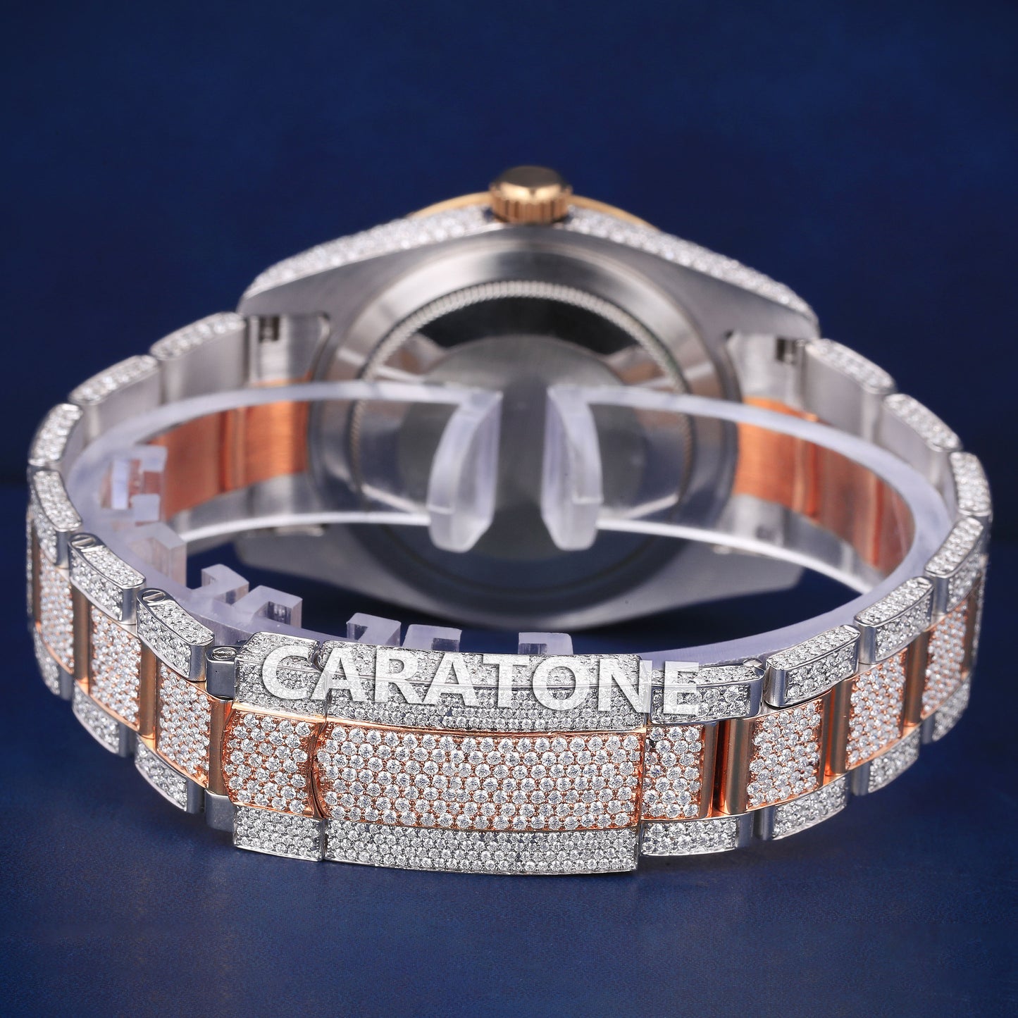 Fully Iced Out Mens Hip Hop Watches Two Tone Silver Rose Roman Numeral Dial Customized Watches