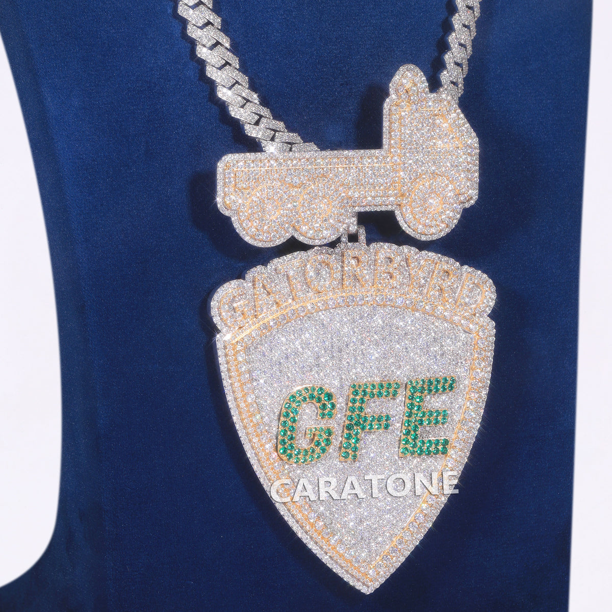 Luxury Custom GFE Shield Pendant with Fully Iced Out Lab Grown Diamonds and White Gold Plated Cuban Link Chain