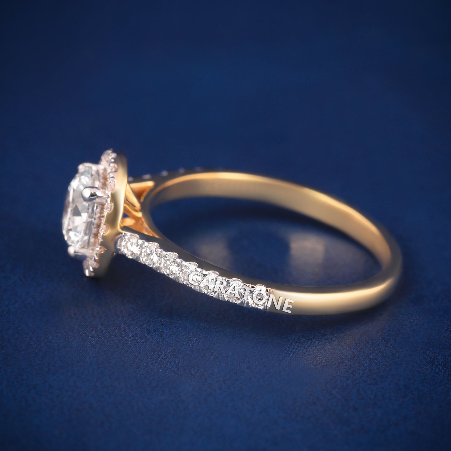 Halo Style Round Diamond Engagement Ring with Pavé Band in 14K Yellow Gold