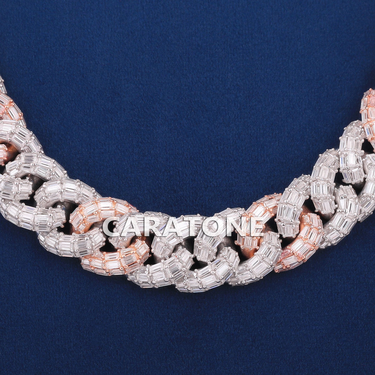 22 inch 15mm Fully Iced New Baguette Figaro Link Chain with Two Tone Silver & Rose Gold Rappers Iced Out Chains in Mens Custom HipHop Chain