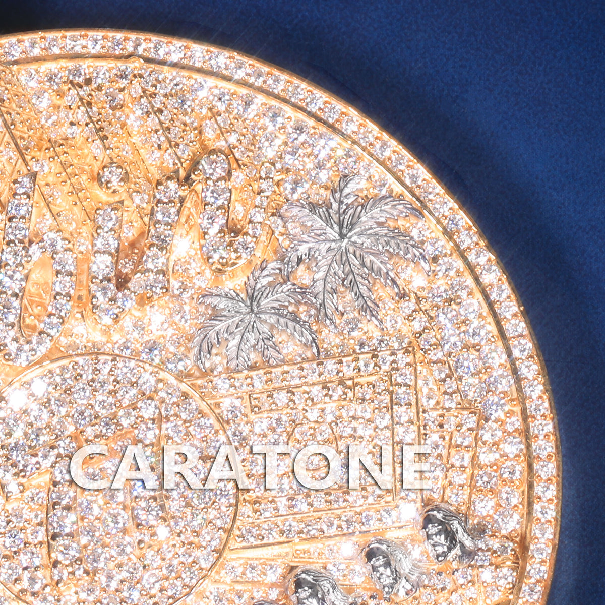 Oversized Round Diamond Statement Pendant with Palm Trees and Architectural Design