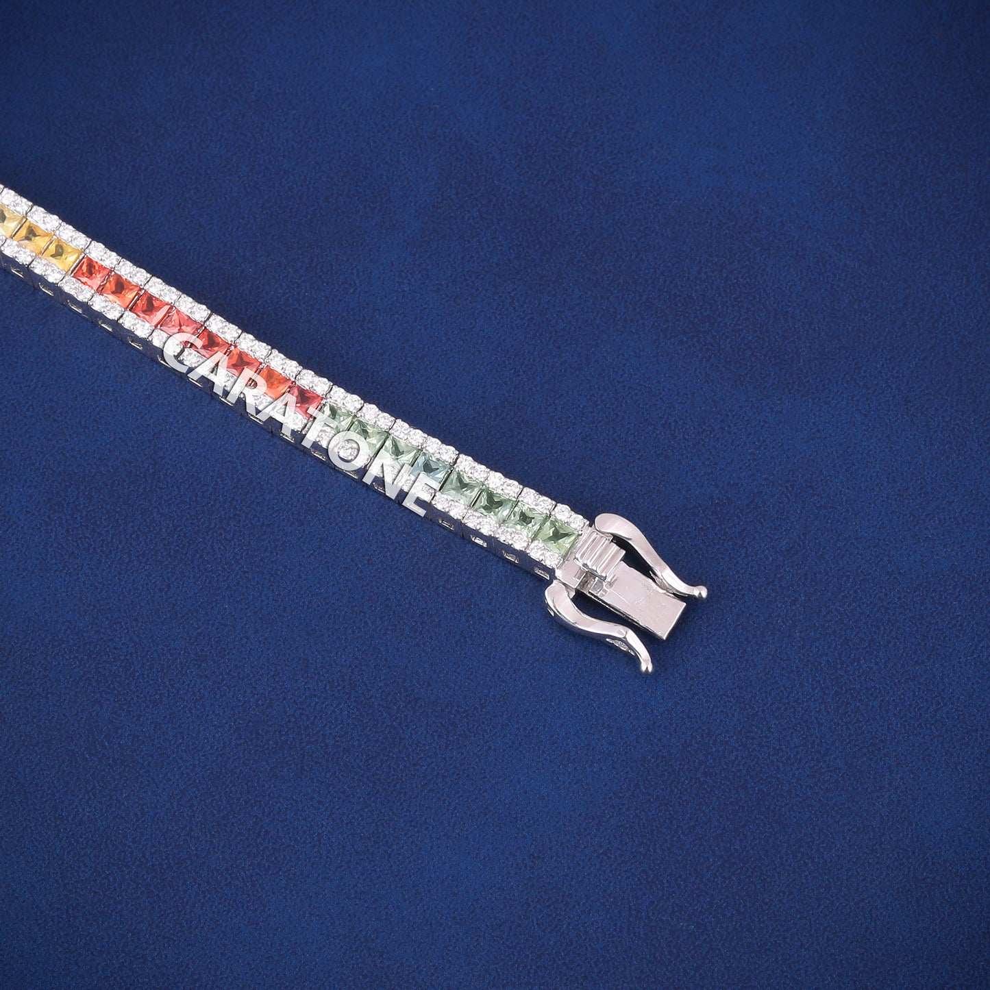 HipHop Iced Out Rainbow Sapphire Tennis White Gold Diamond Bracelet Multicolor Ombre Princess Cut Diamond Design for Unisex