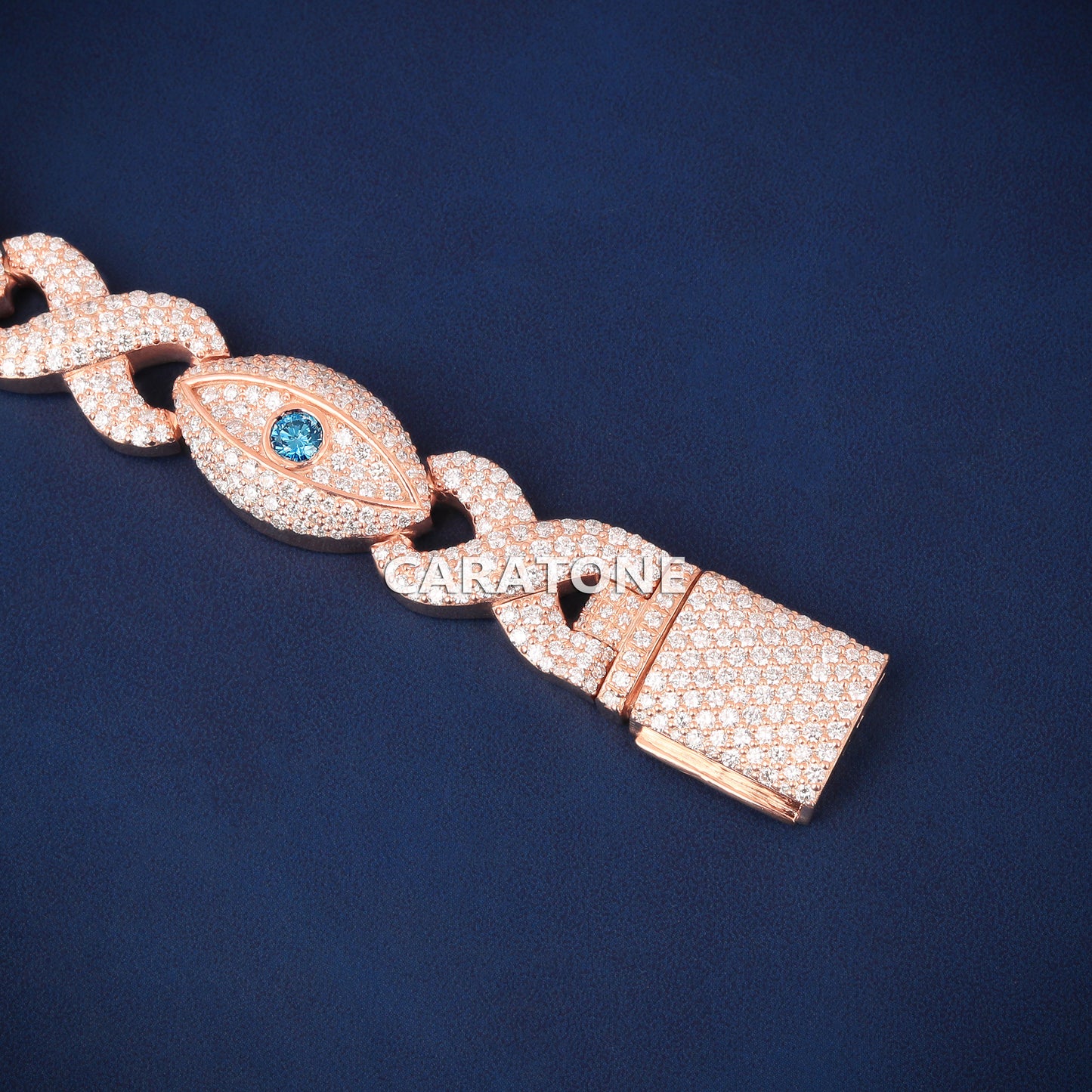 7 Inch 12.5mm Rose Gold Infinity Eye Bracelet Iced Out with Blue Diamonds for Regal Essence